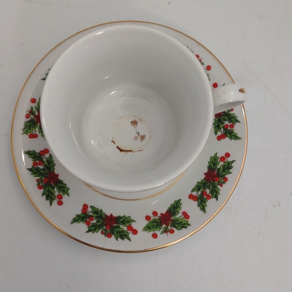 Fine China Christmas Poinsettia & Holy Berries 2 Teacup & Saucer Candle Holders - Picture 11 of 15